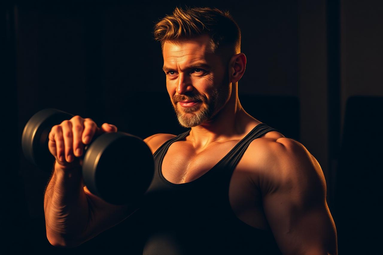 Man in his forties training with a dumbbell after using a testosterone booster